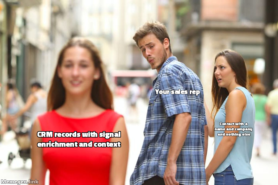 Distracted boyfriend meme: sales rep ignoring CRM records that only have a name and company, looking at records with signal enrichment and full context