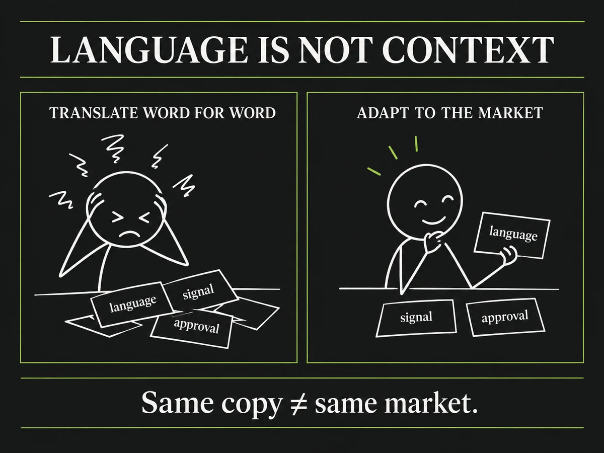 Premium stick-figure meme: adapt language to the market, signal and approval path.