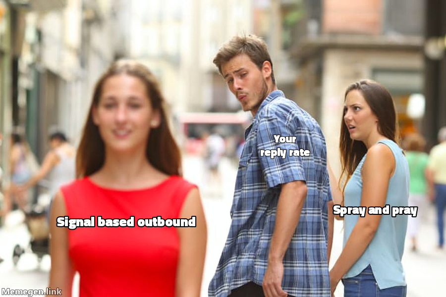 Distracted Boyfriend meme: your reply rate looks at signal-based outbound while spray and pray is ignored